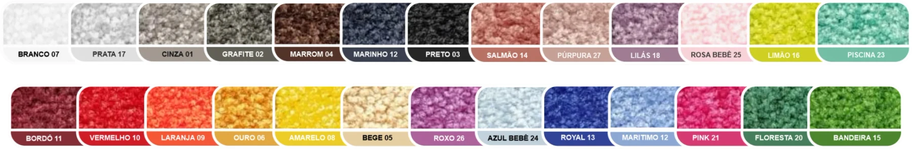 Tabela de cores do nylon: branco, prata, cinza, grafite, marrom, marinho, preto, salmão, púrpura, lilás, rosa bebê, limão, piscina, bordô, vermelho, laranja, ouro, amarelo, bege, roxo, azul bebê, royal, marítimo, pink, floresta e bandeira